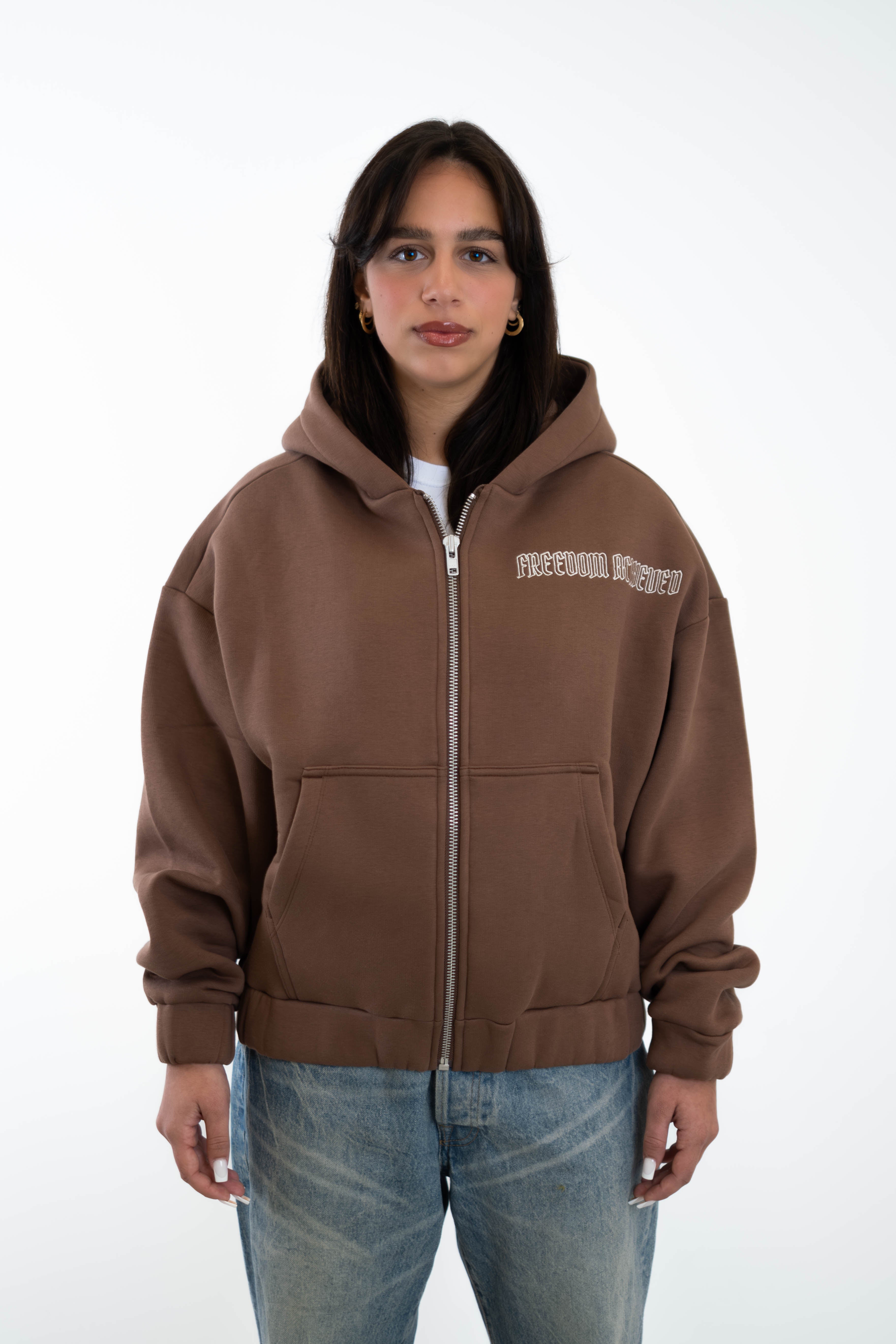 Oversized Cropped Zipper „Freedom" - Brown-zoom-2