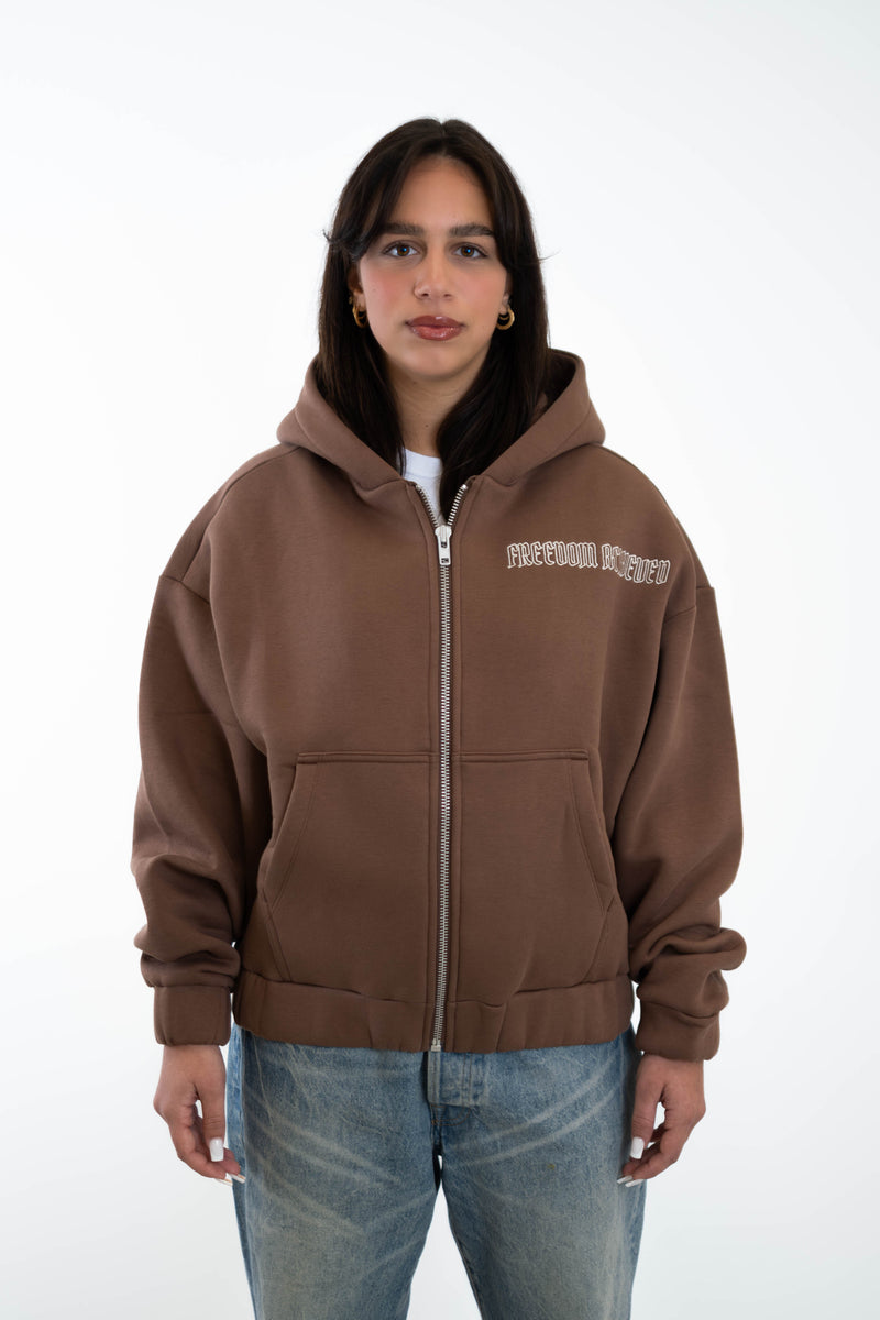 Oversized Cropped Zipper „Freedom" - Brown-zoom-
